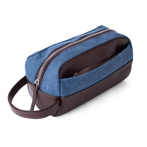 Dopp Kit Leather & Canvas lightweight handbag | Blue & Brown - Spiš.