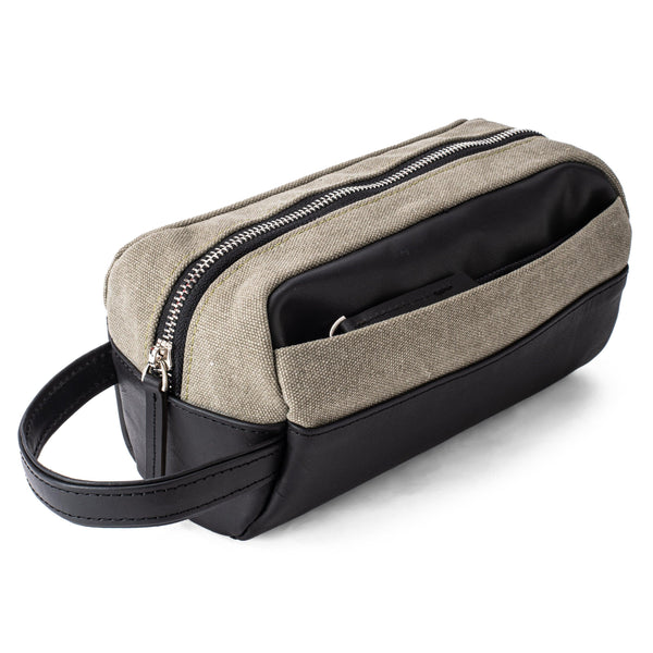 Dopp Kit Leather & Canvas lightweight handbag | Olive Grey & Black - Spiš.